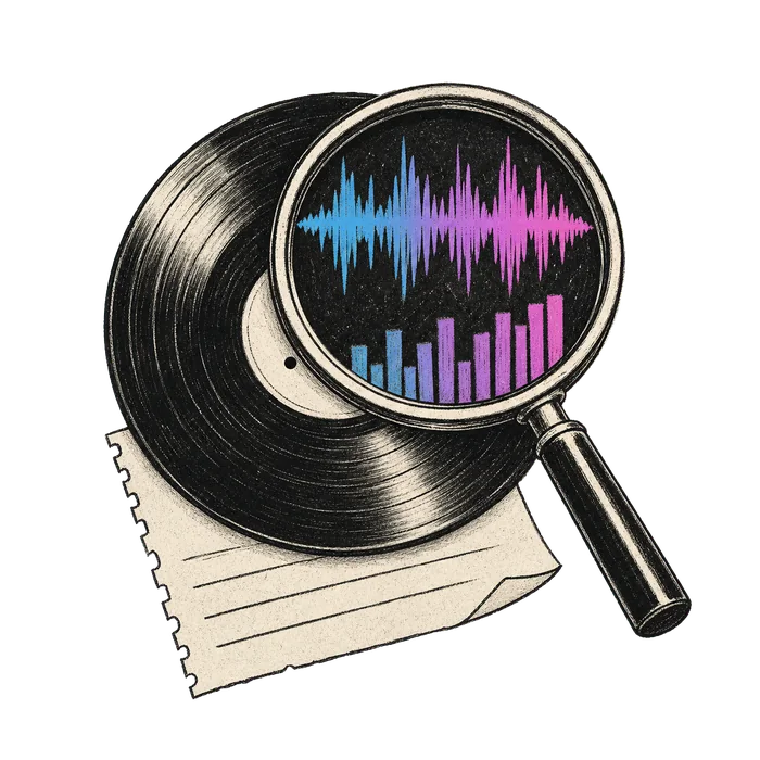 Sketch magnifying glass reading waves and a graph on a record