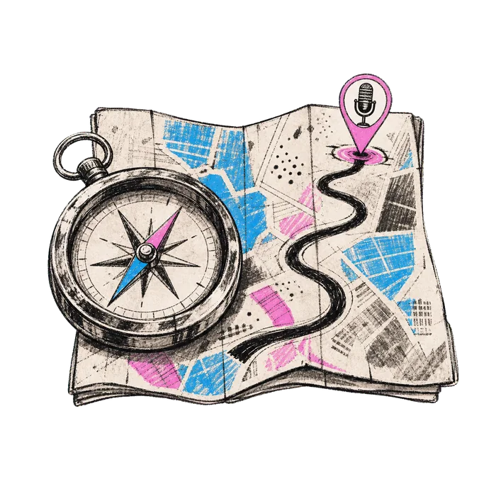 Sketch illustration of a compass and an artist career map