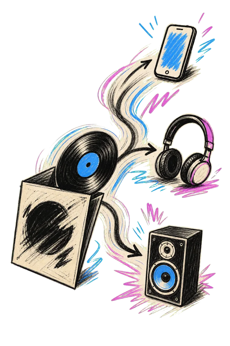 Sketch illustration of a record moving toward several listening devices