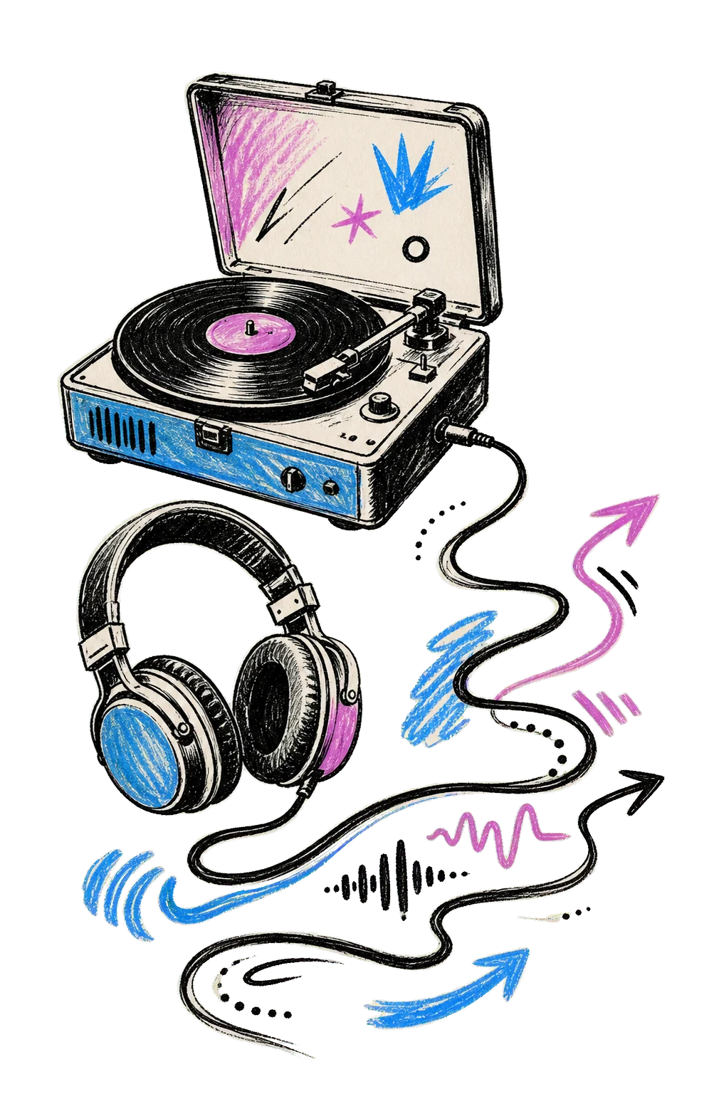 Sketch illustration of a record player in a music-poster style